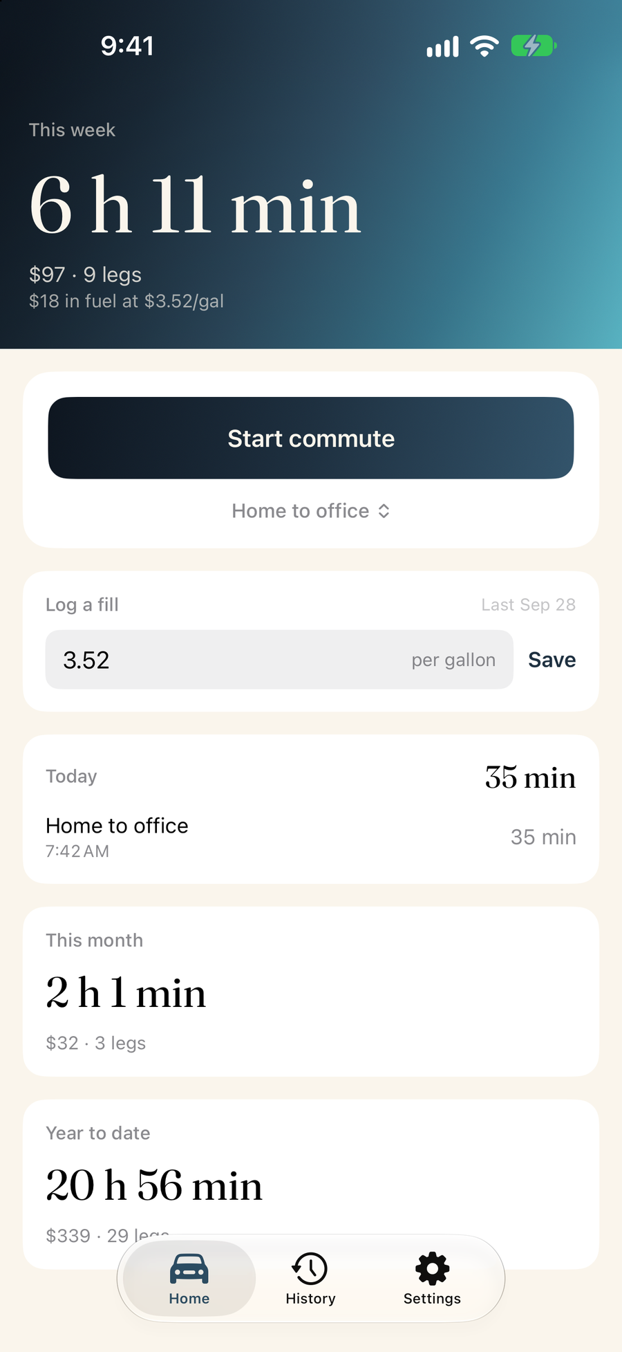 The home screen showing the week in hours