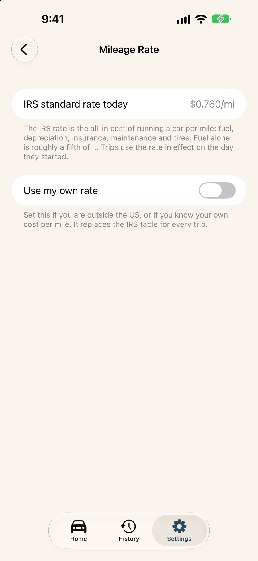 The mileage rate screen explaining what the IRS rate covers