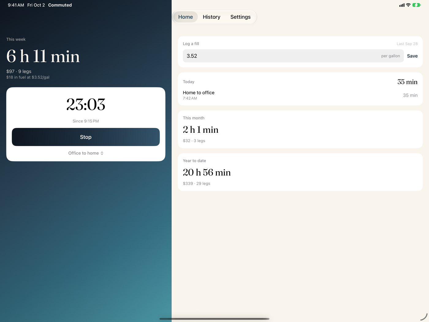 On iPad, a commute running in the gradient panel beside the week's cards