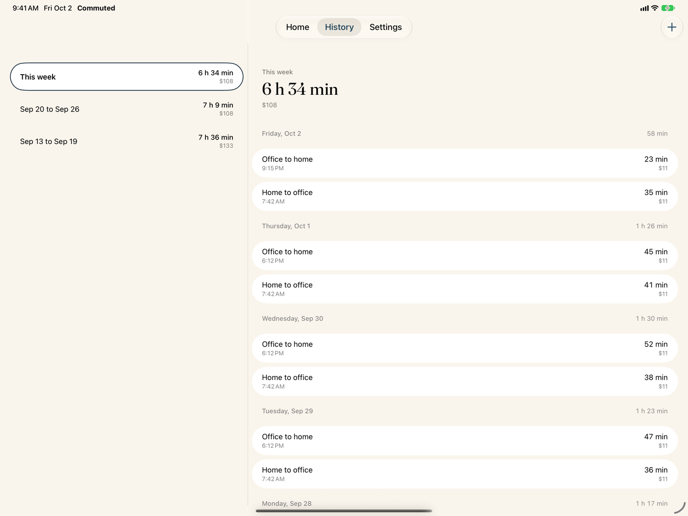 On iPad, History with the weeks beside the selected week's legs